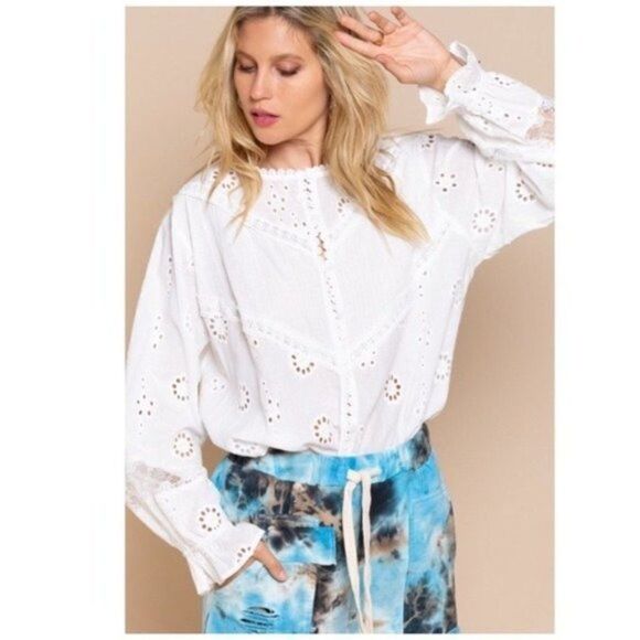 EYELET white Long Sleeve boho Blouse - Picture 1 of 16
